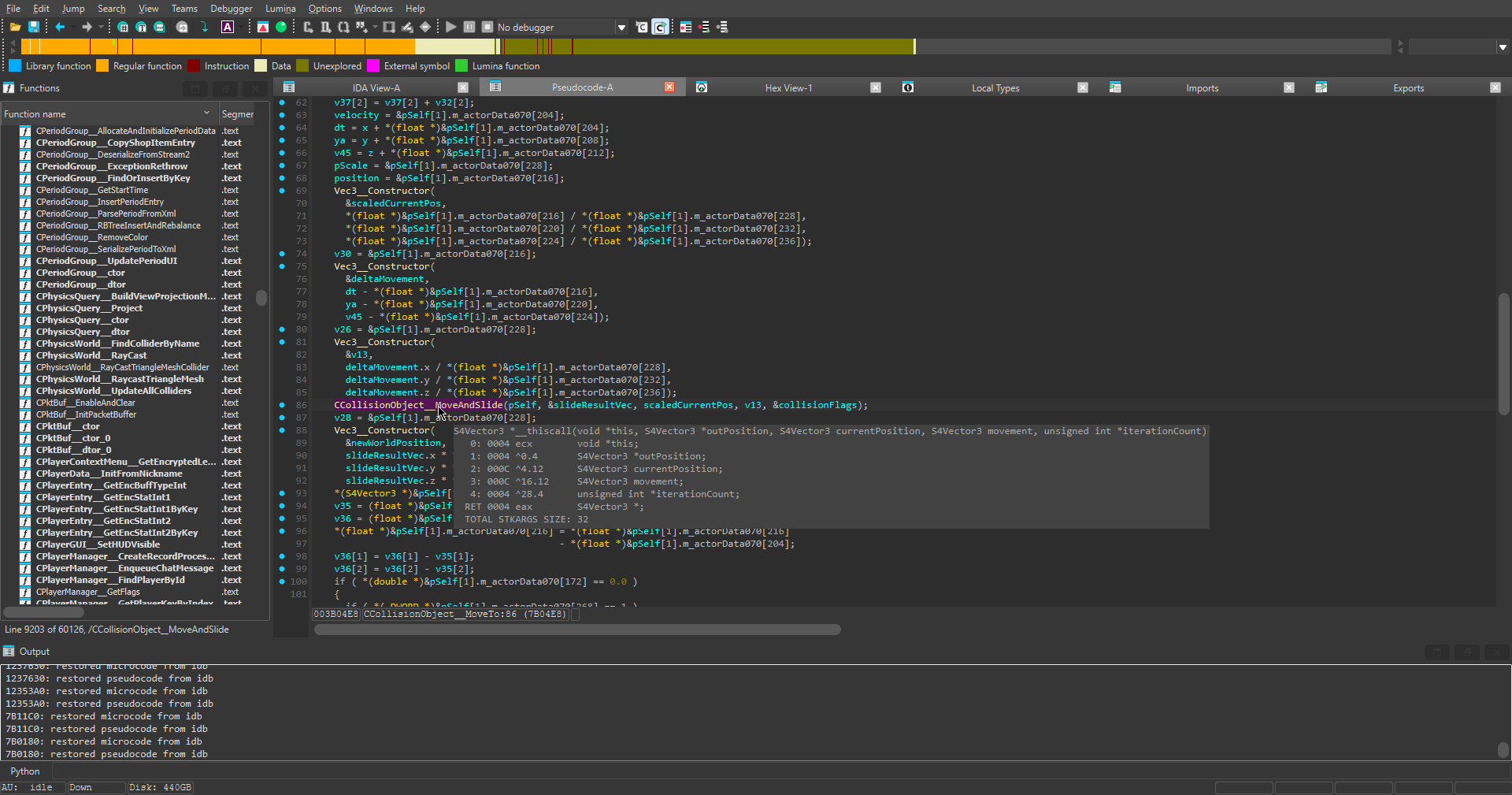 IDA pseudocode view of the original S4 client CollisionObject MoveAndSlide routine