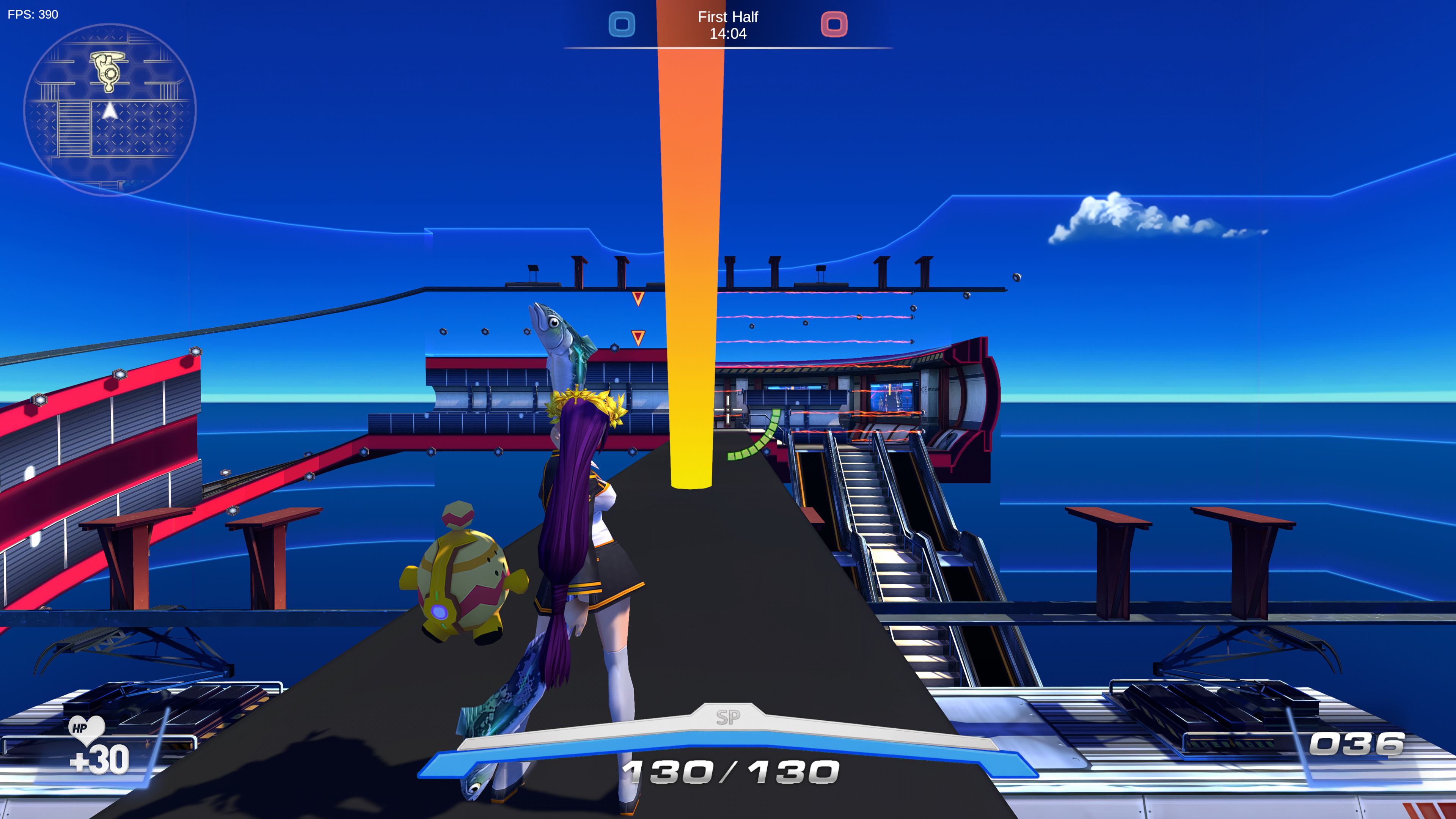 Project Zin character standing on the Station 2 bridge during a Touchdown match with the HUD visible