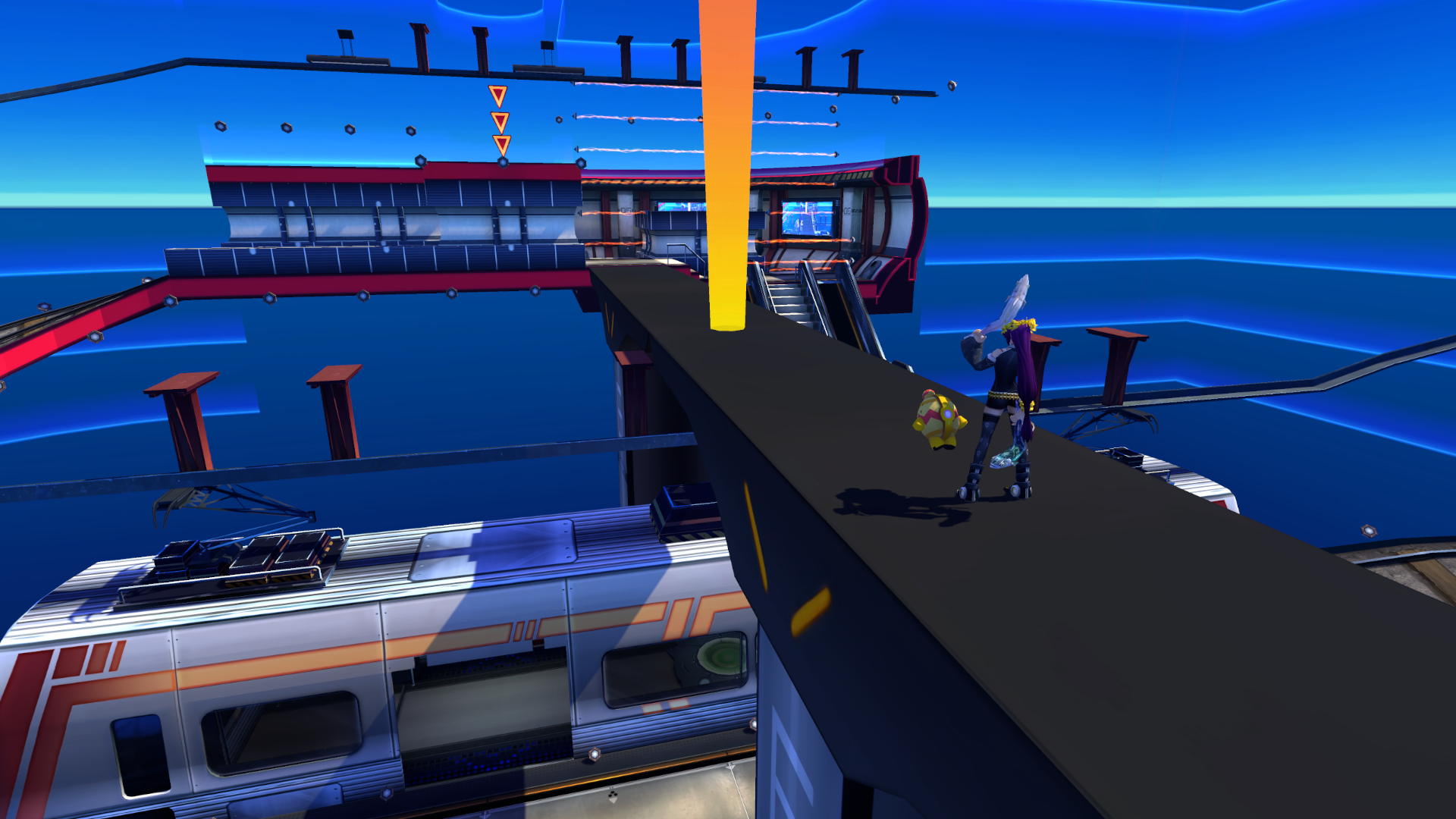 Project Zin character and pet overlooking Station 2 from the central bridge during Touchdown